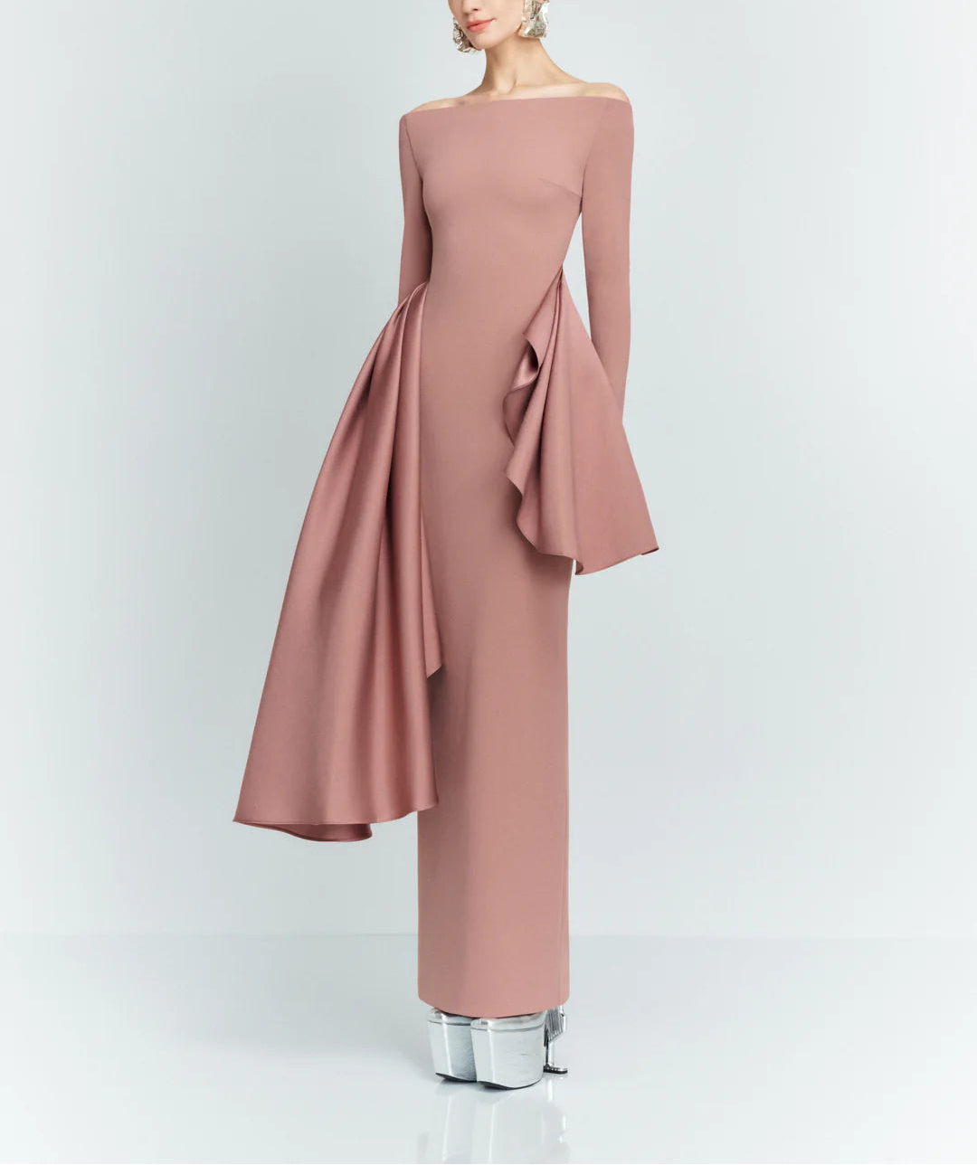 long-sleeve column dress with asymmetric draped panels – KIANA