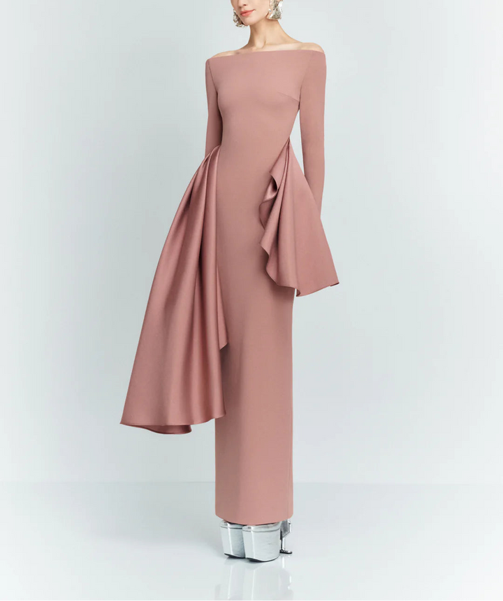 long-sleeve column dress with asymmetric draped panels – KIANA