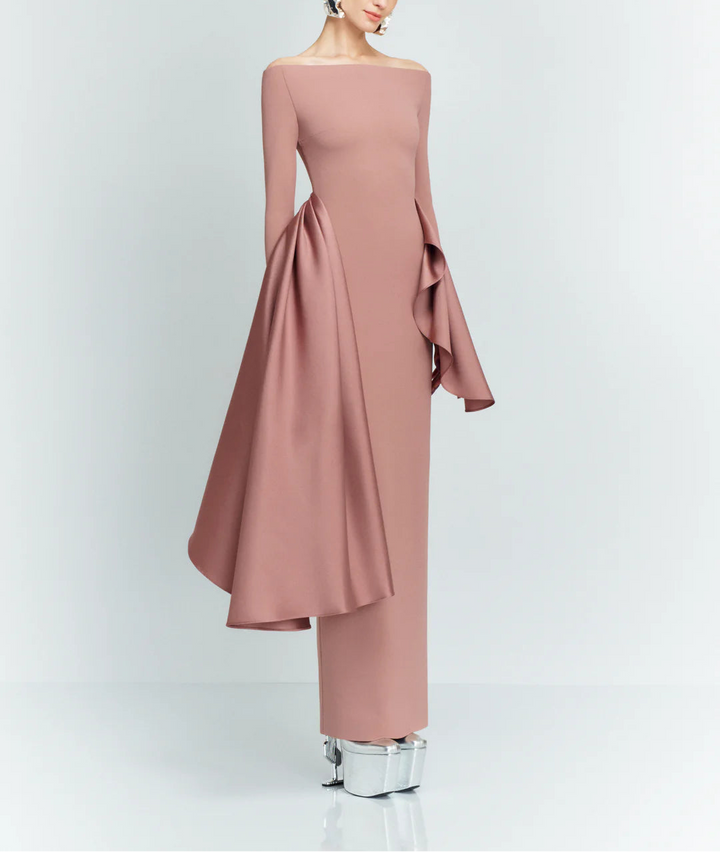 long-sleeve column dress with asymmetric draped panels – KIANA
