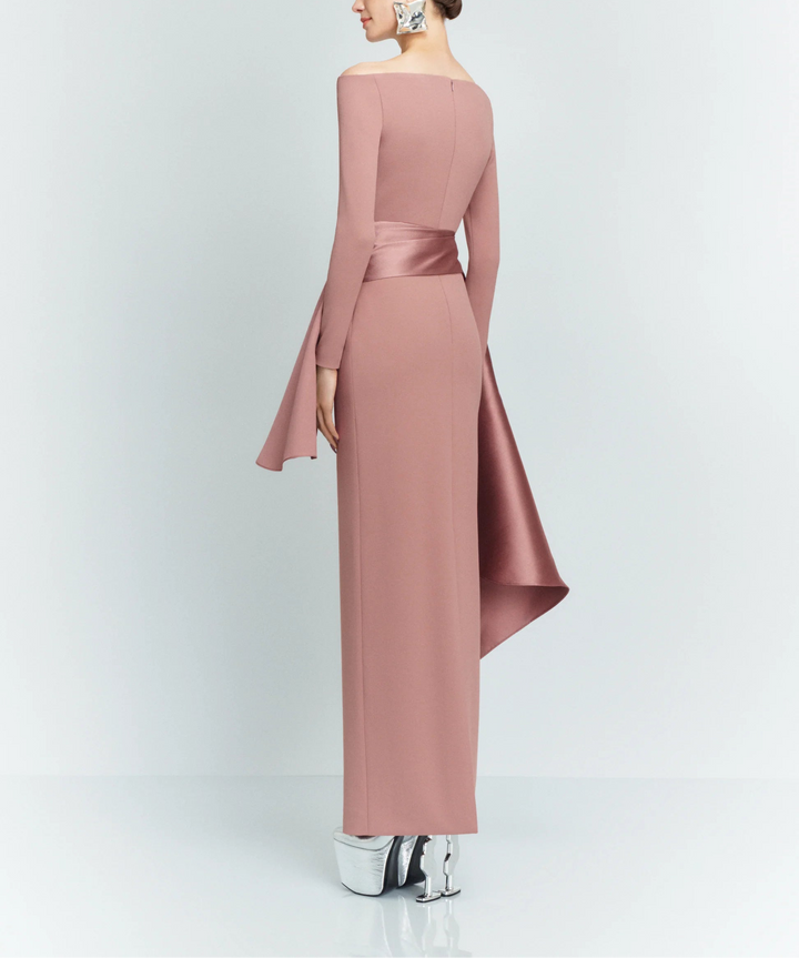long-sleeve column dress with asymmetric draped panels – KIANA