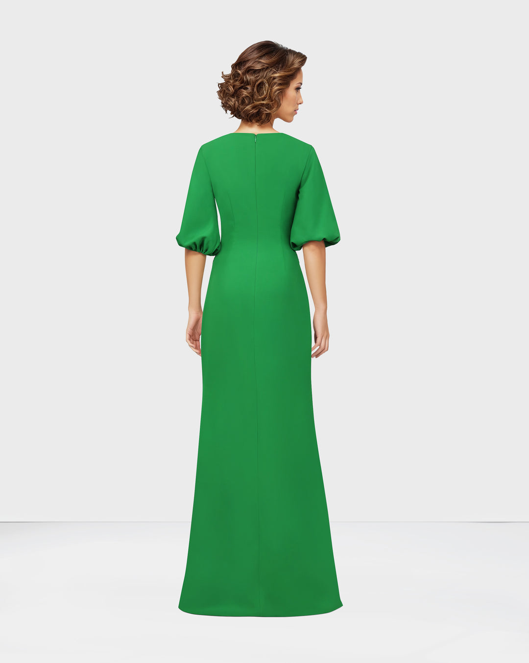⁠Beaded column dress with puffed sleeves and side slit