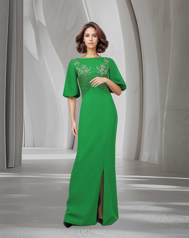 ⁠Beaded column dress with puffed sleeves and side slit