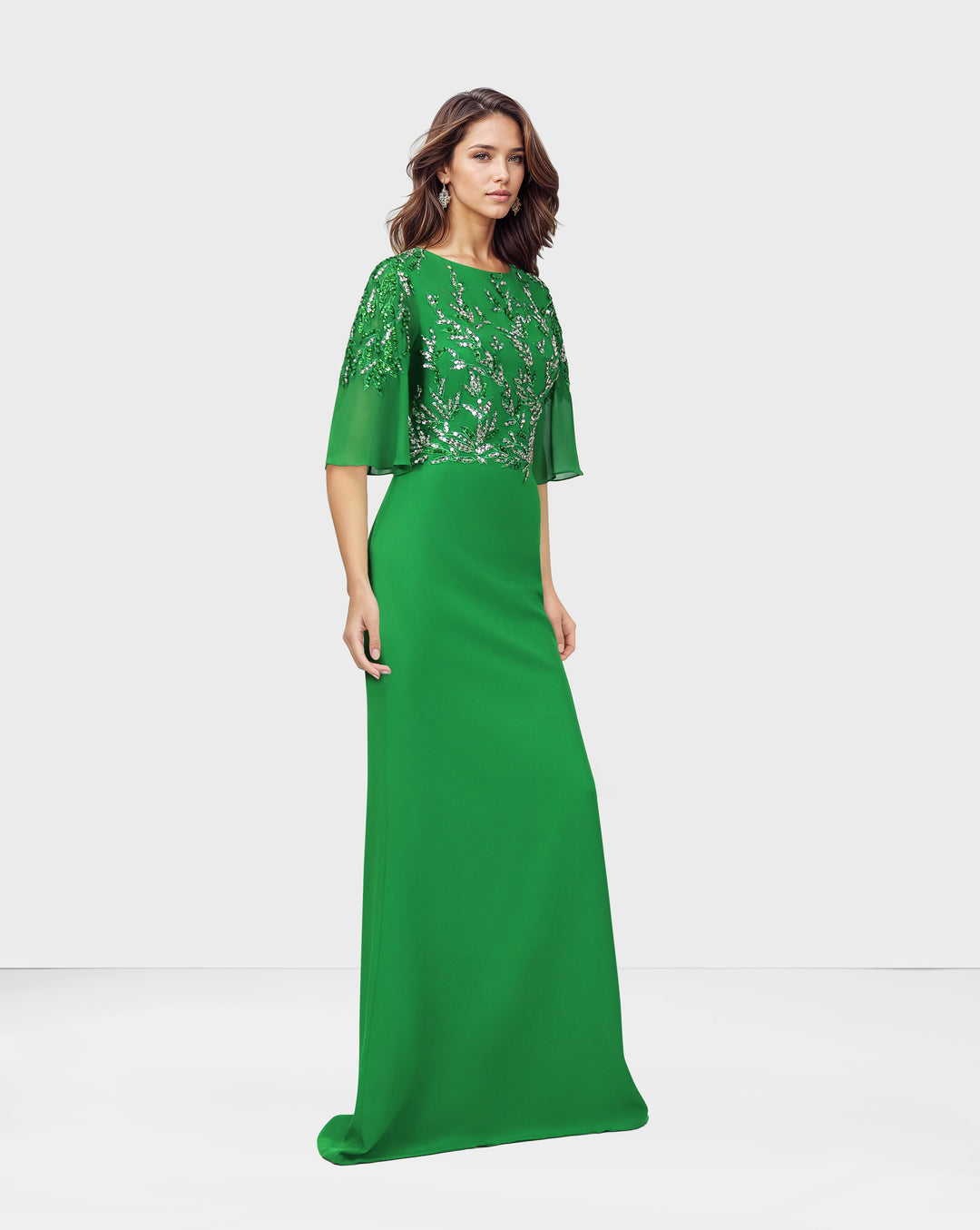 Sequined column dress with see-through/bell sleeves