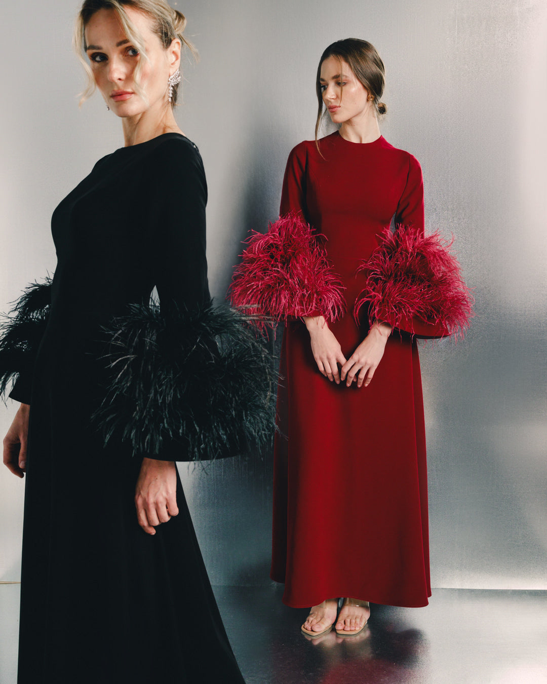 long-sleeve evening gown with feather cuffs – SCARLETT