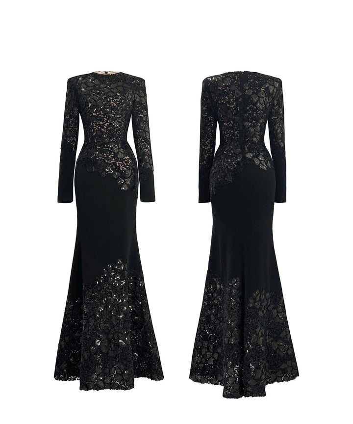 Long-sleeve lace-panel mermaid gown – AMARIS