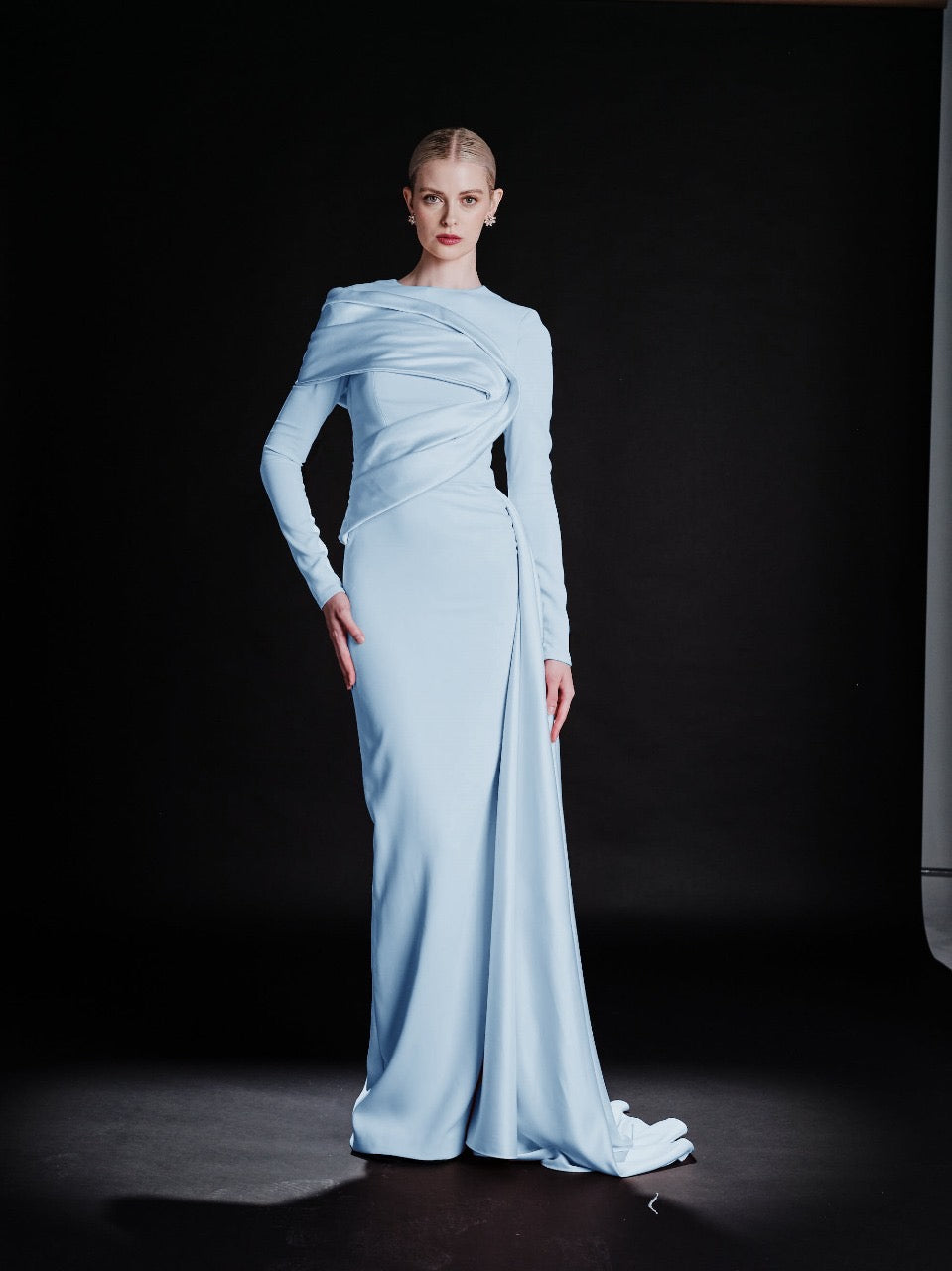 long-sleeve draped column evening gown – RUBINA