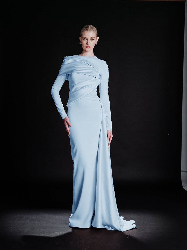 long-sleeve draped column evening gown – RUBINA