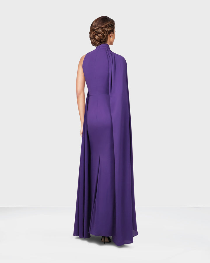 Draped shoulder off dress with cape sleeve