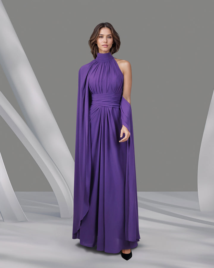Draped shoulder off dress with cape sleeve