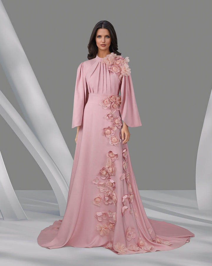3D flowered maxi dress with cape sleeves
