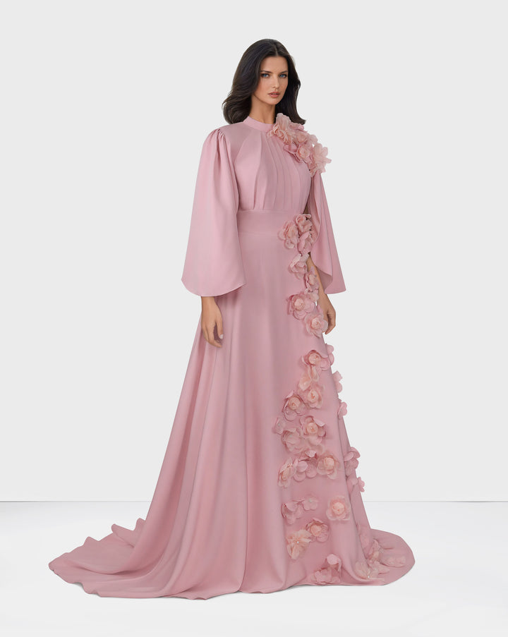 3D flowered maxi dress with cape sleeves