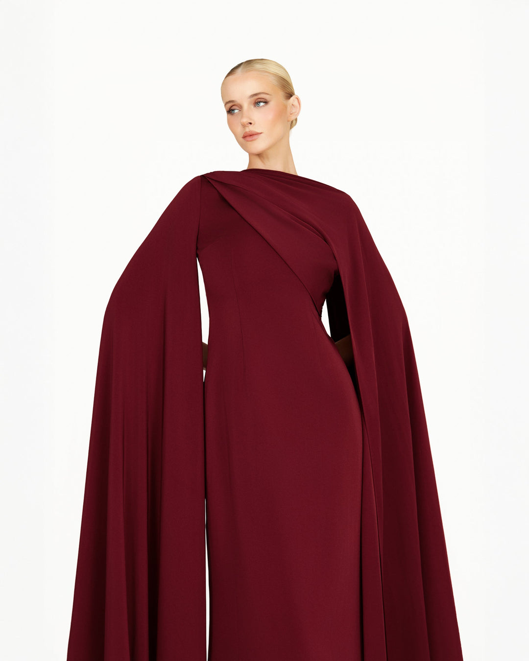 long cape-sleeve column gown with draped neckline – VALENTINA