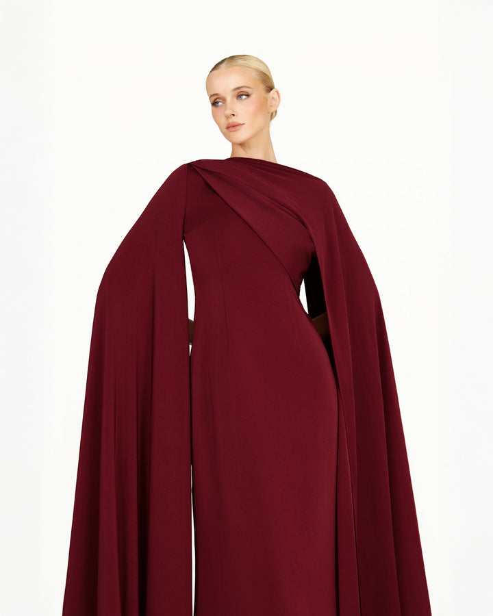 long cape-sleeve column gown with draped neckline – VALENTINA
