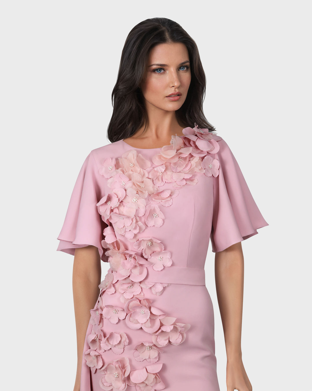 3D flowered dress with detachable train