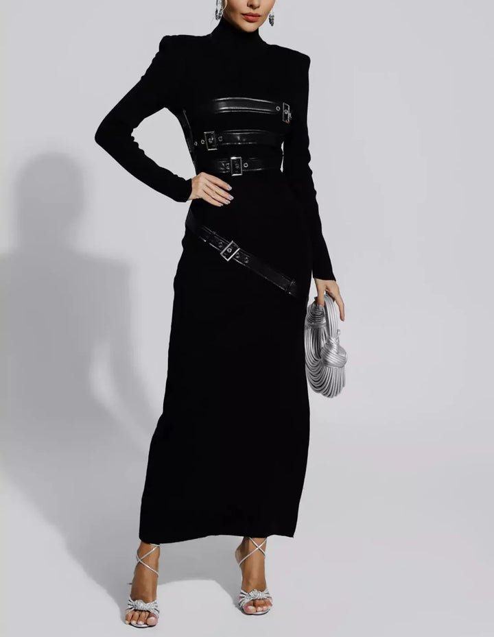 long-sleeve maxi dress with leather buckle accents – VESPERA