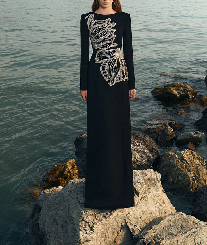 embellished sculptural gown with long sleeves – OCEANA