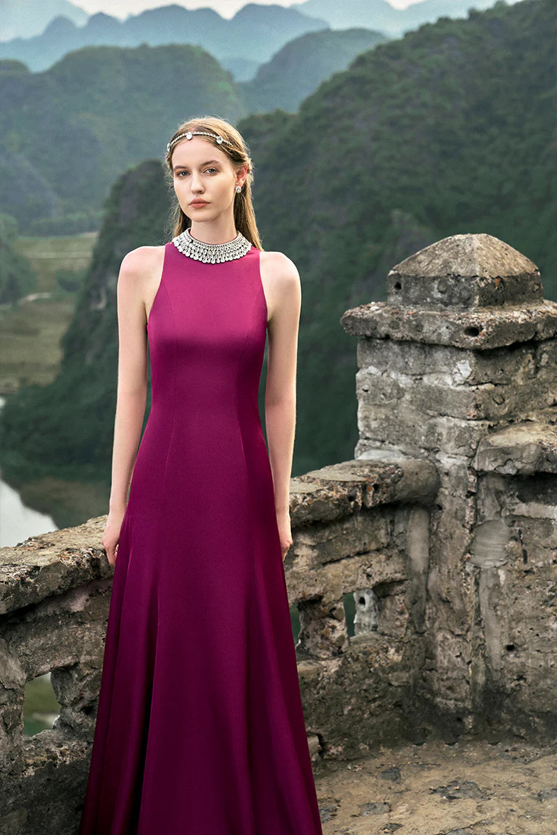 فستان هالتر على شكل حرف A مع ياقة مزينة – أرجواني