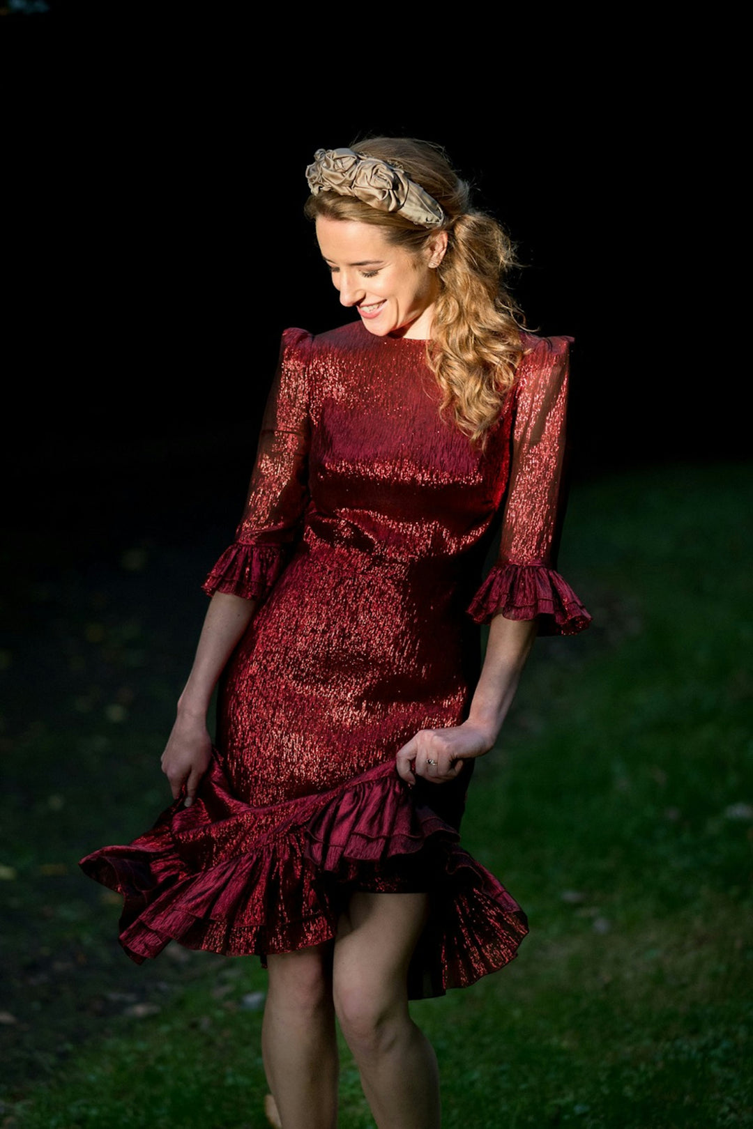 metallic midi dress with ruffled sleeves and hem – SERENA