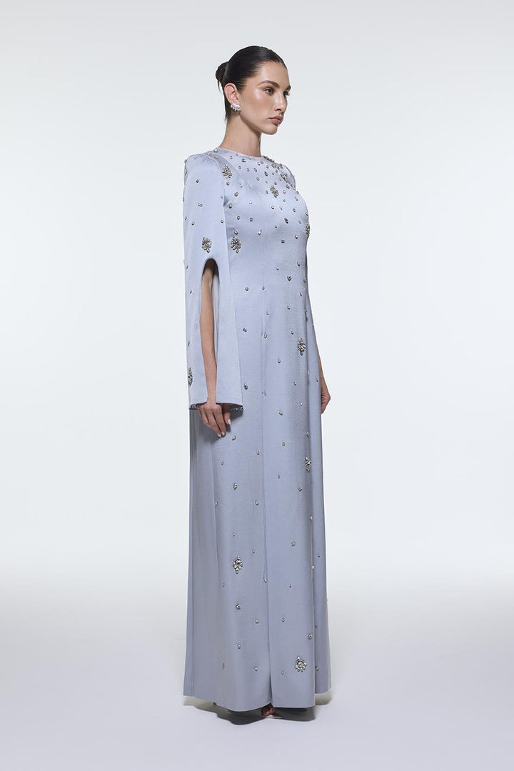 long-sleeve column gown with scattered crystal embellishments – NOIRÉ