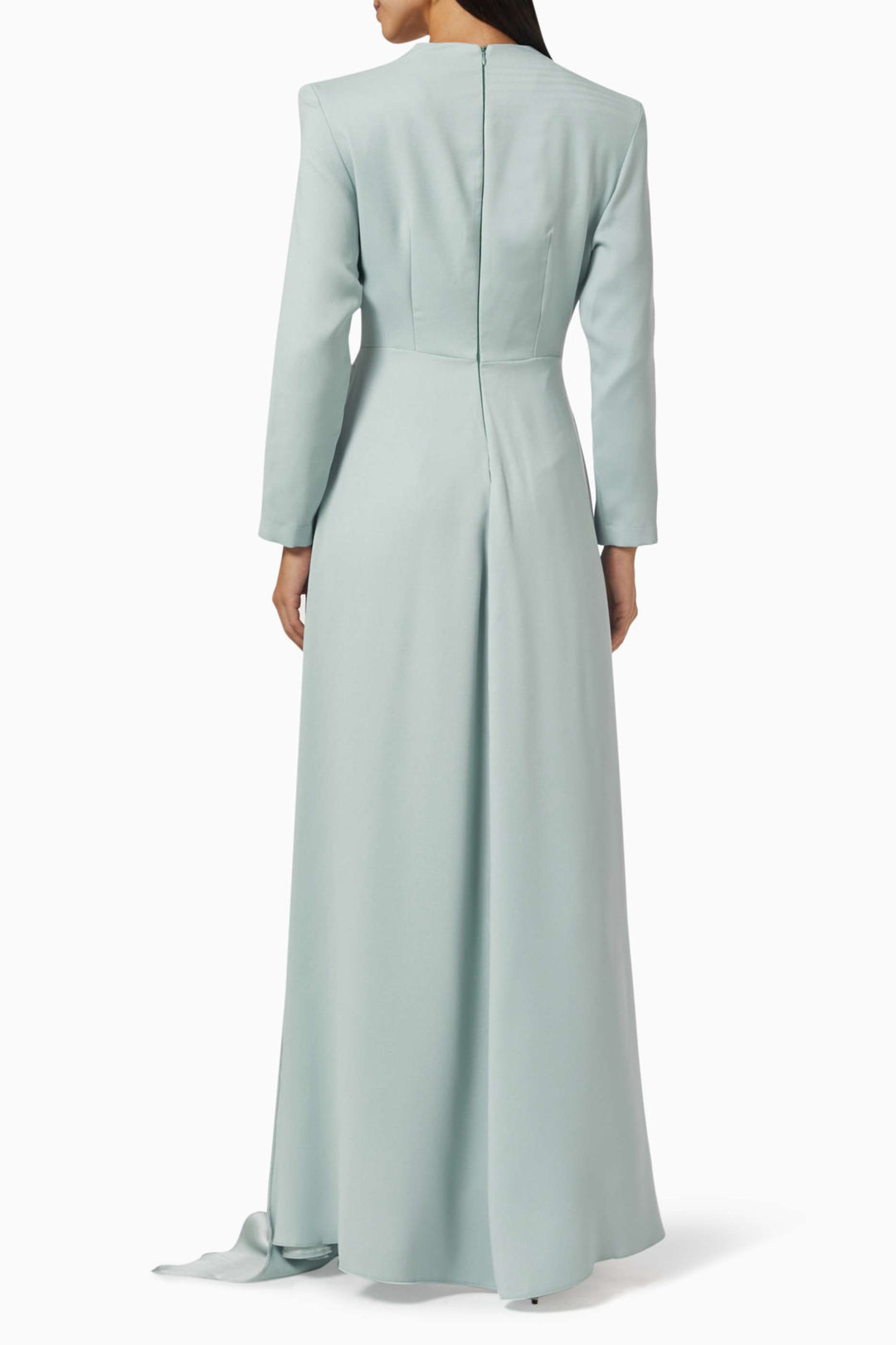 long-sleeve gown with embellished illusion neckline & draped sash – RHEA