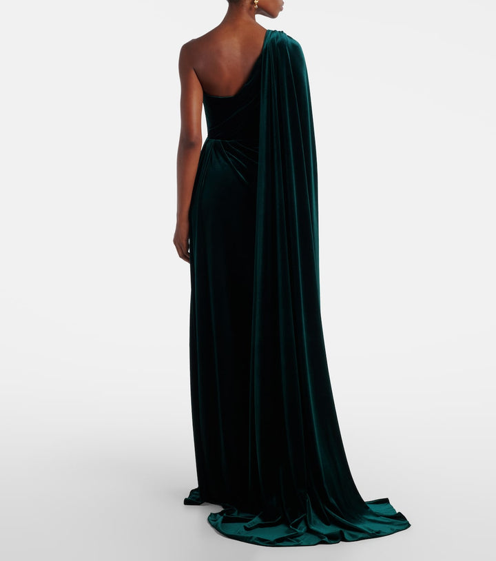 One-shoulder velvet gown with draped cape – EMERALDA