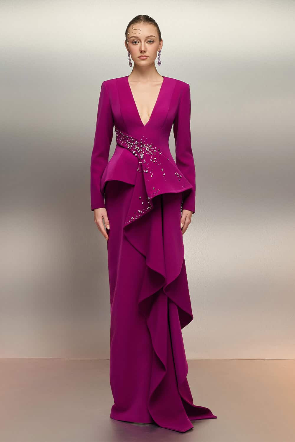 plunging peplum gown with cascading ruffle – MIRABEL