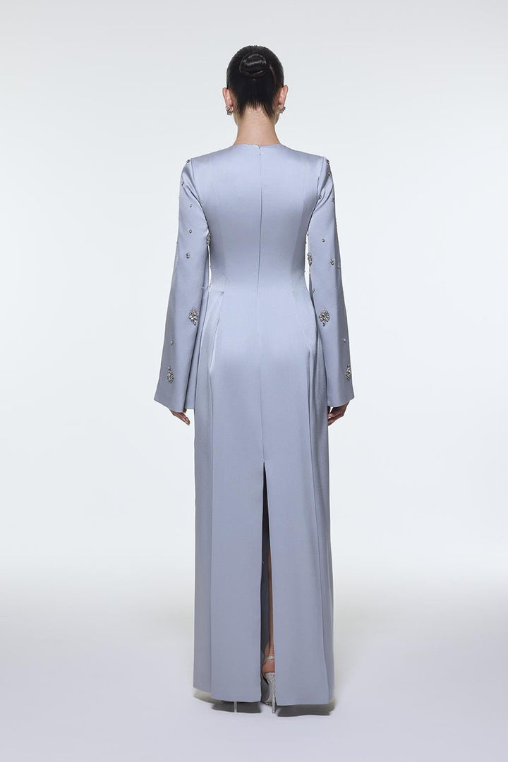 long-sleeve column gown with scattered crystal embellishments – NOIRÉ