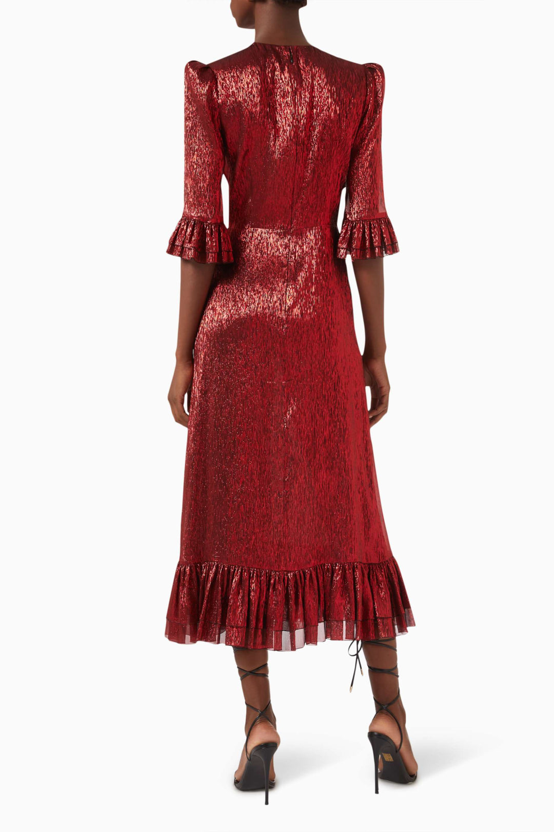 metallic midi dress with ruffled sleeves and hem – SERENA