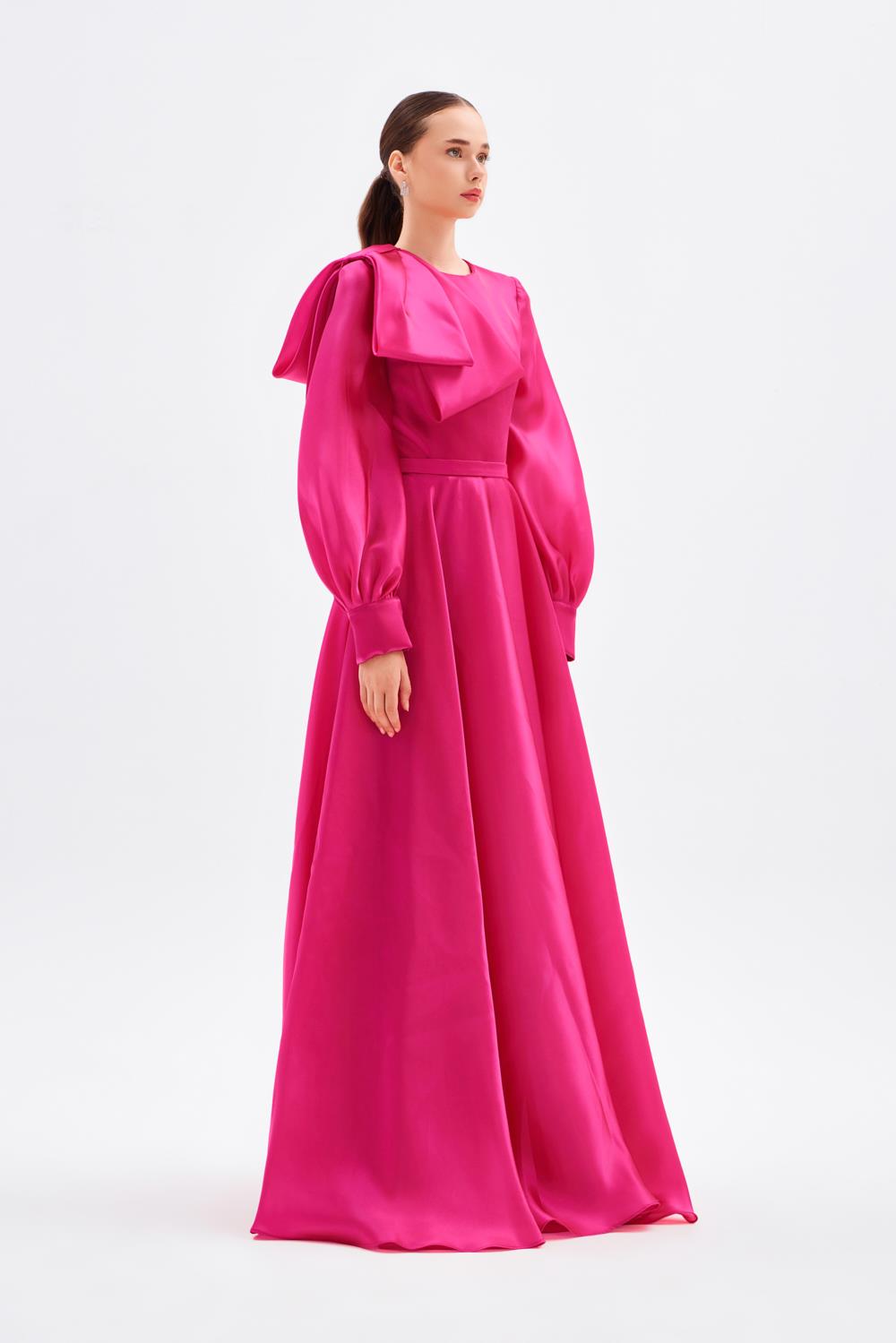 long-sleeve satin gown with sculpted shoulder bow – FUCHSIAE