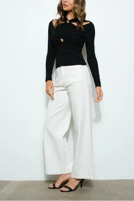 cutout wrap top with gold clasp detail – EMBRACE