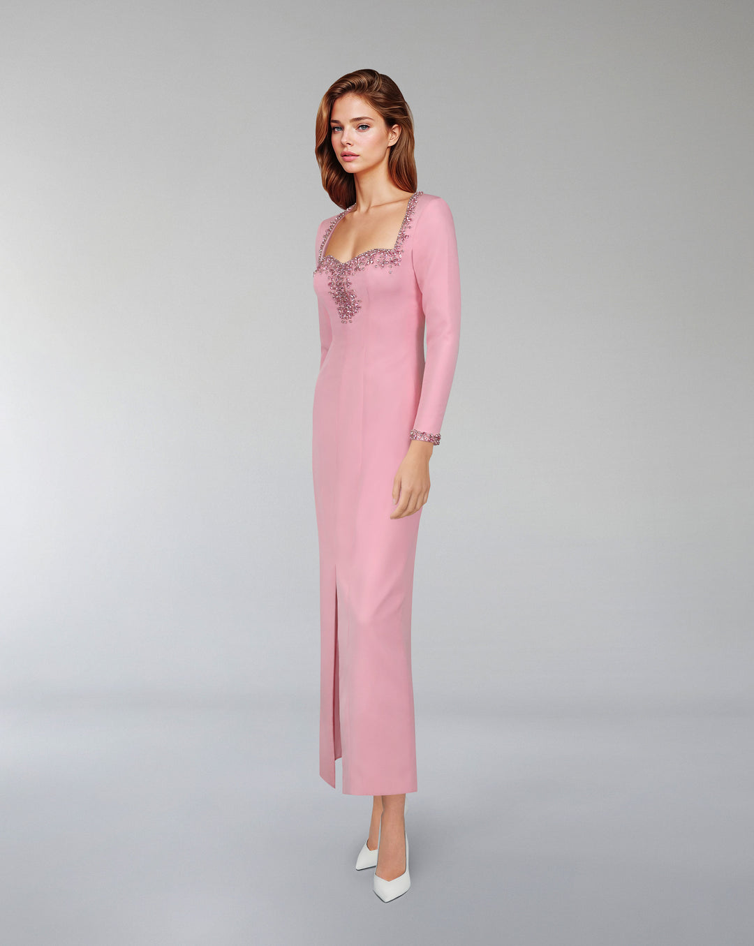 Beaded hearth neckline dress with front slit  - LORDIN