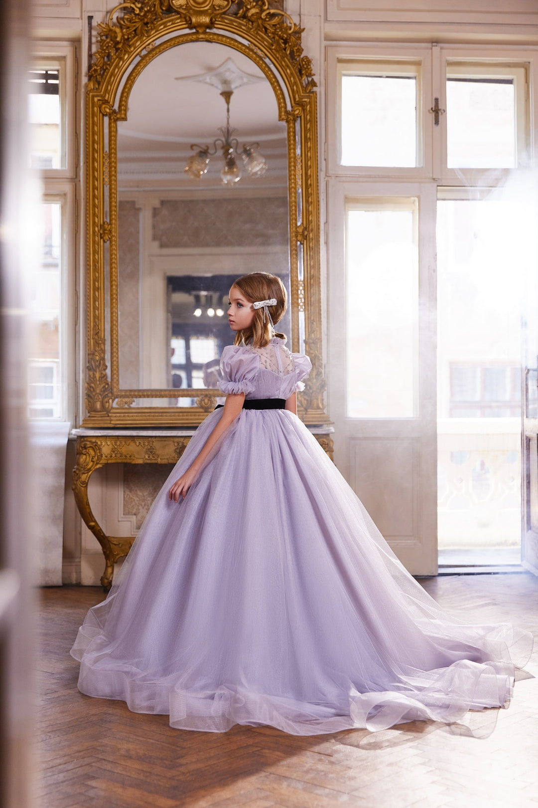 Sheer Tulle Ball Gown with Puff Sleeves and Velvet Bow – VIOLET