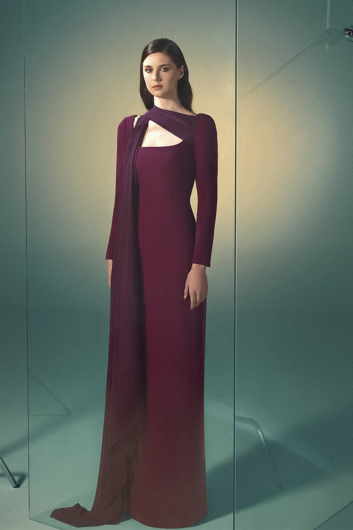 asymmetric cutout column gown with draped scarf – VELVETTA