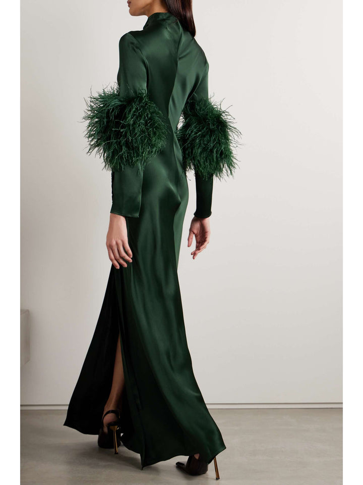 satin gown with feather cuffs and ruched slit – EMERALD FLAIR