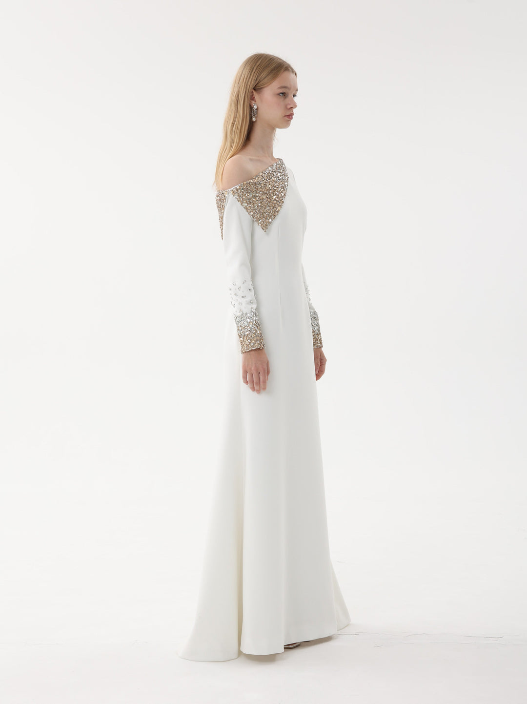 one-shoulder gown with crystal embellished cape sleeve – AURORA
