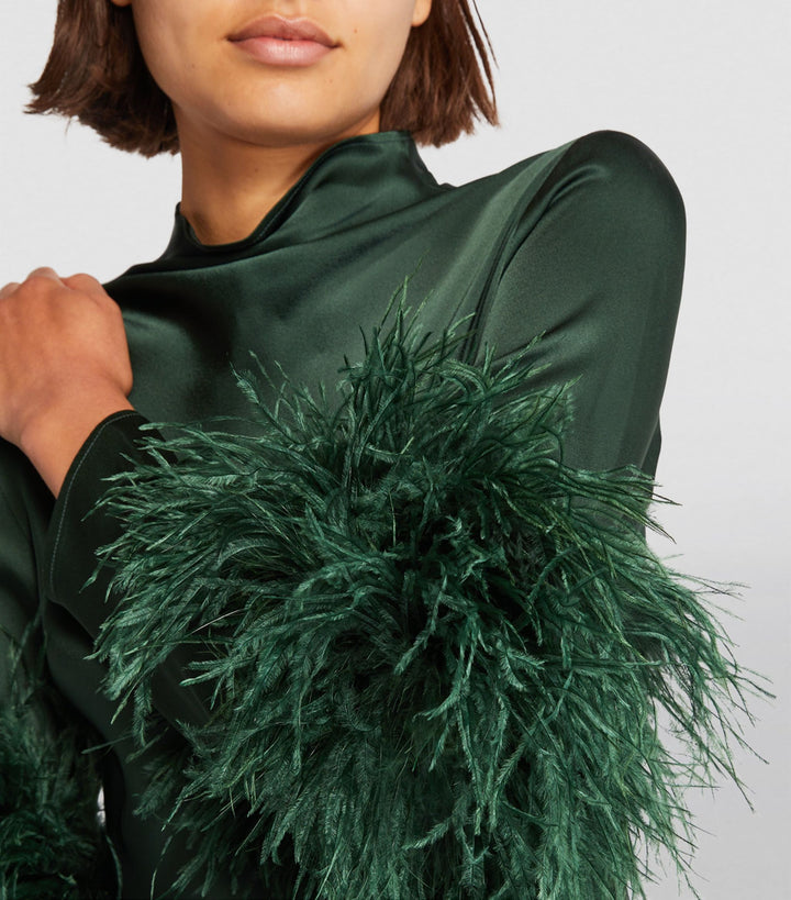 satin gown with feather cuffs and ruched slit – EMERALD FLAIR