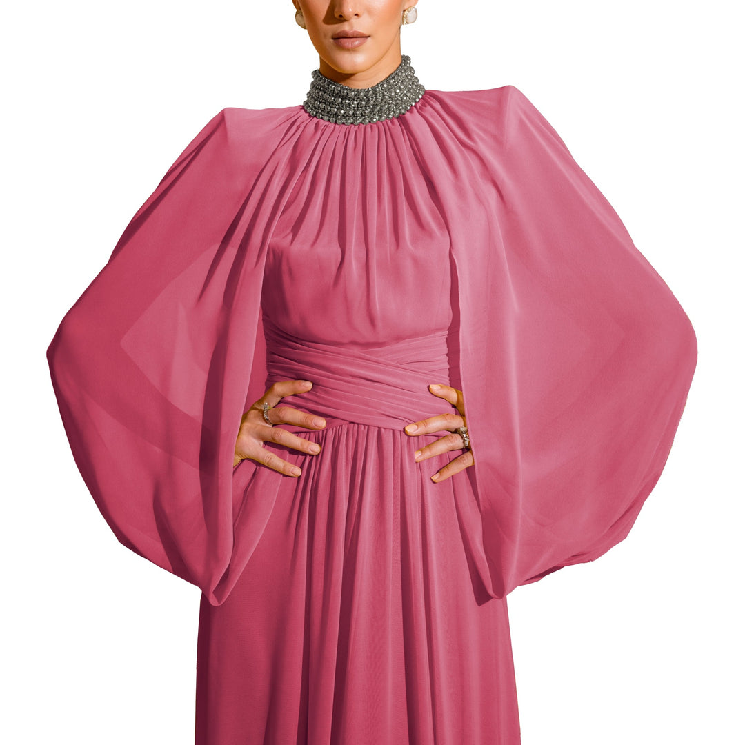 draped chiffon gown with embellished high neckline – SOLANA