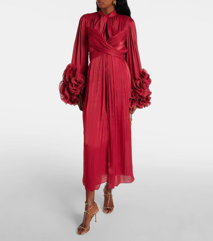 pleated chiffon midi dress with floral cuffs – FUCHSIA