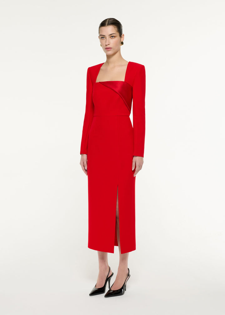 فستان متوسط ​​الطول برقبة مربعة وتفاصيل طيات منحوتة – لورين