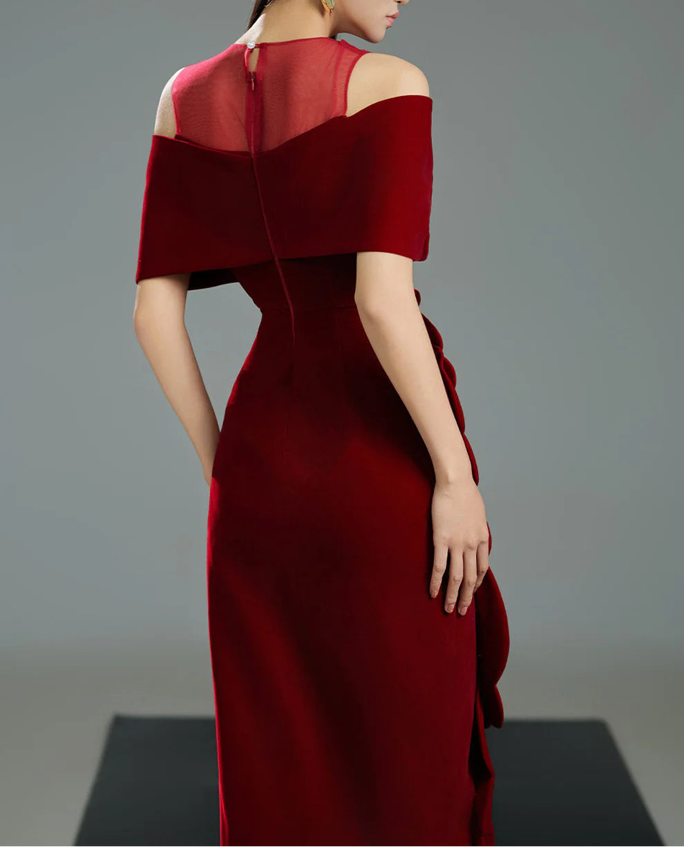 off-shoulder velvet column dress with illusion neckline and sculpted floral appliqué – ROSA