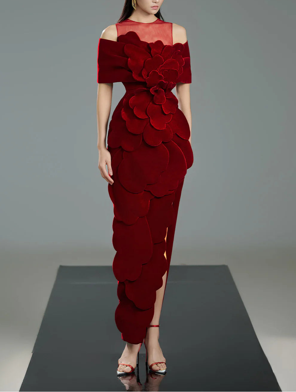 off-shoulder velvet column dress with illusion neckline and sculpted floral appliqué – ROSA