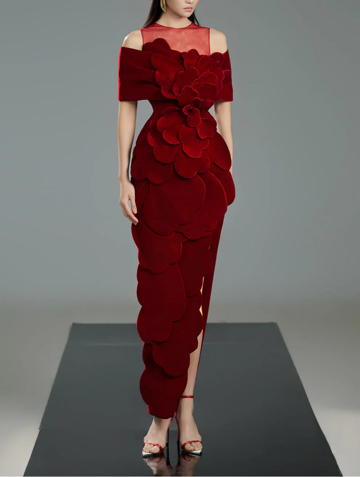 off-shoulder velvet column dress with illusion neckline and sculpted floral appliqué – ROSA