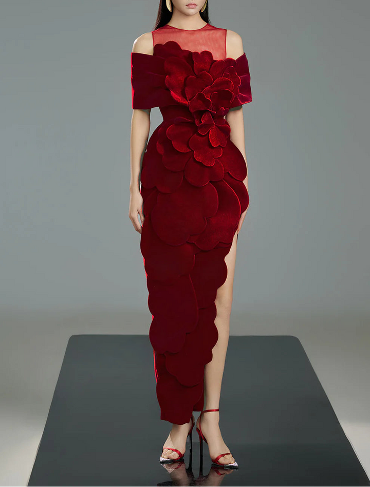 off-shoulder velvet column dress with illusion neckline and sculpted floral appliqué – ROSA