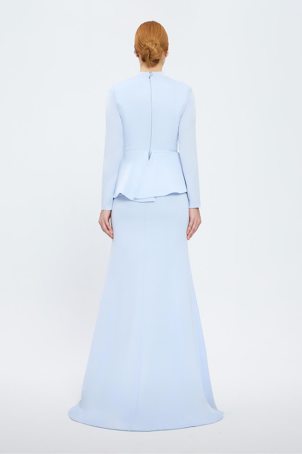 long-sleeve peplum gown with crystal draping – SERENE