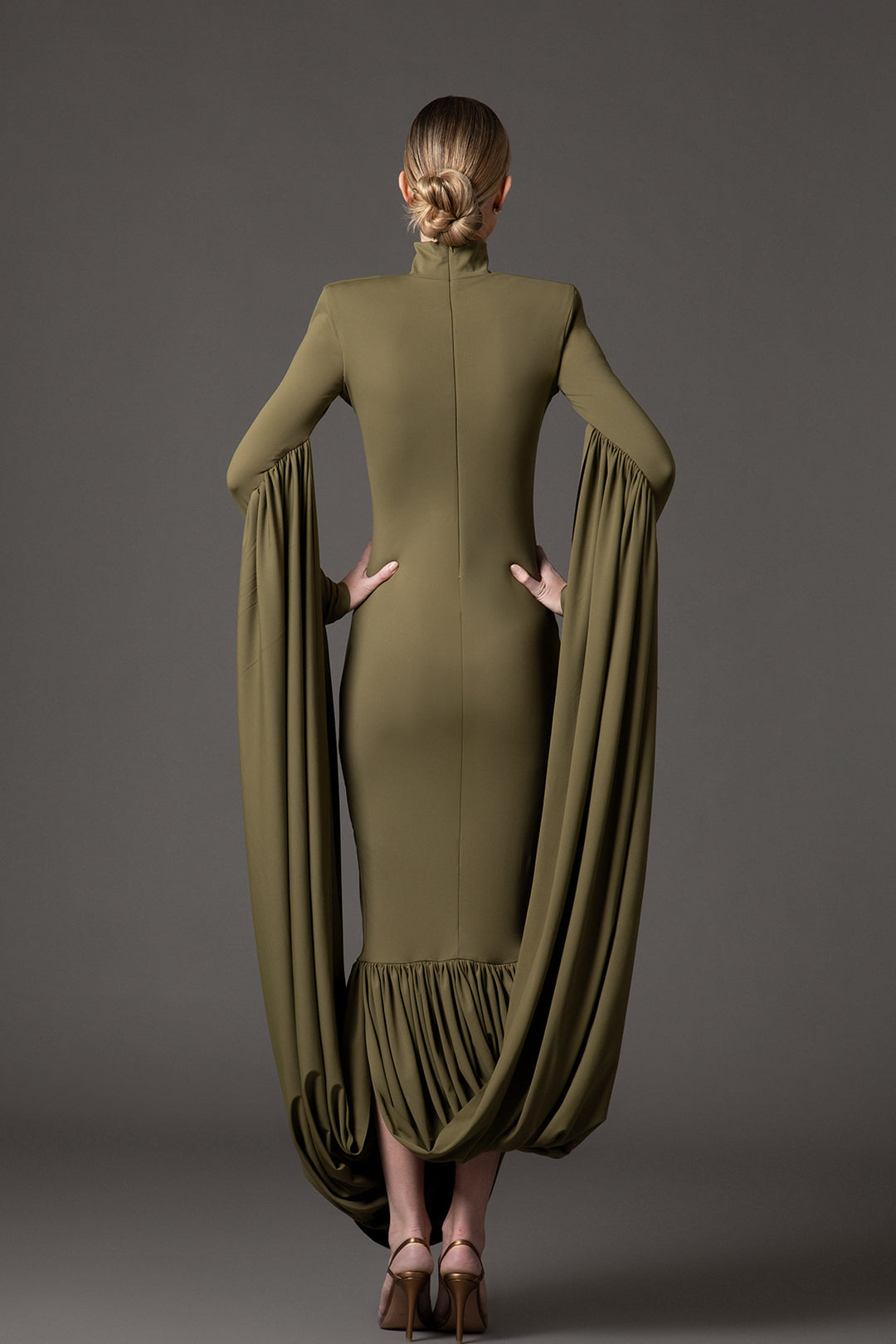 high-neck column gown with dramatic draped sleeves – OLIVIAE