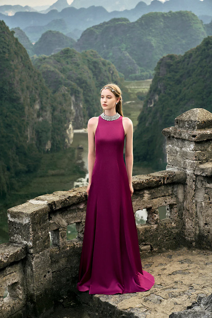 فستان هالتر على شكل حرف A مع ياقة مزينة – أرجواني