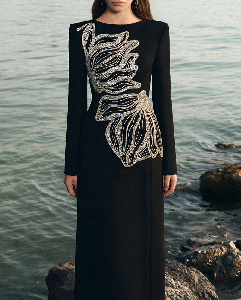 embellished sculptural gown with long sleeves – OCEANA