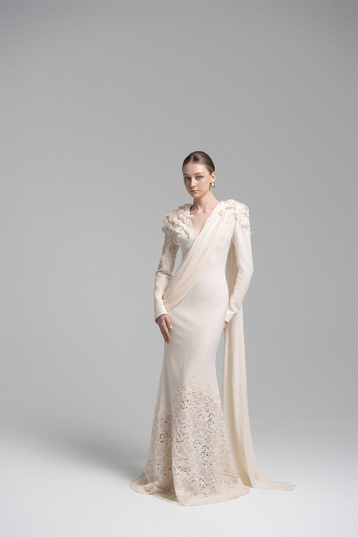 draped lace-embellished gown with floral shoulders – ELARIS