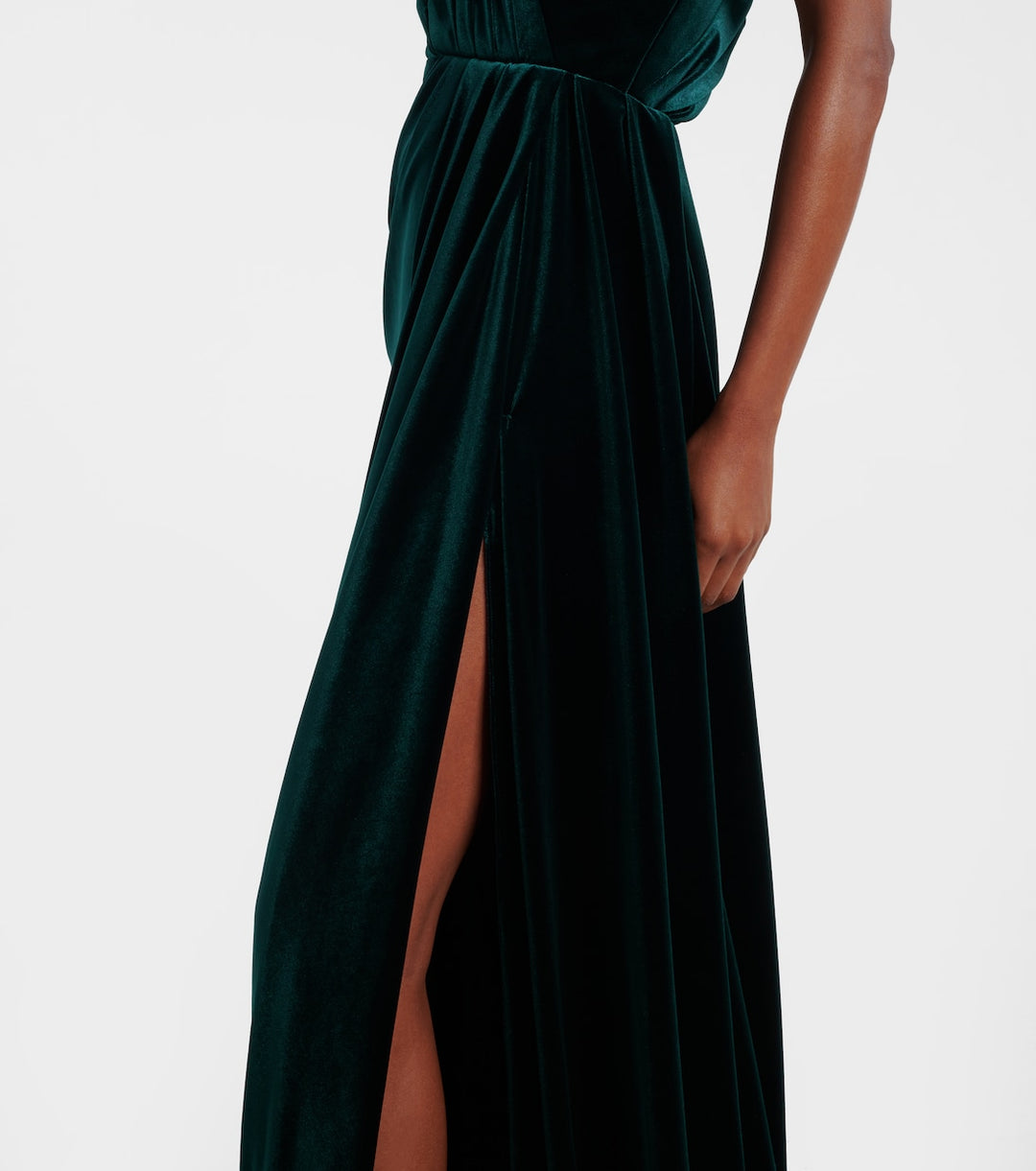 One-shoulder velvet gown with draped cape – EMERALDA