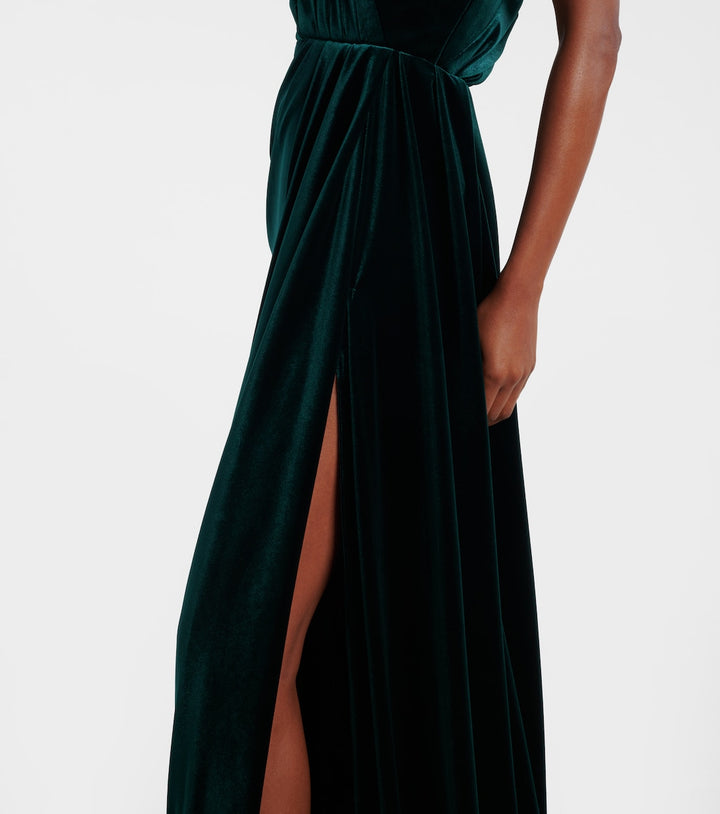 One-shoulder velvet gown with draped cape – EMERALDA